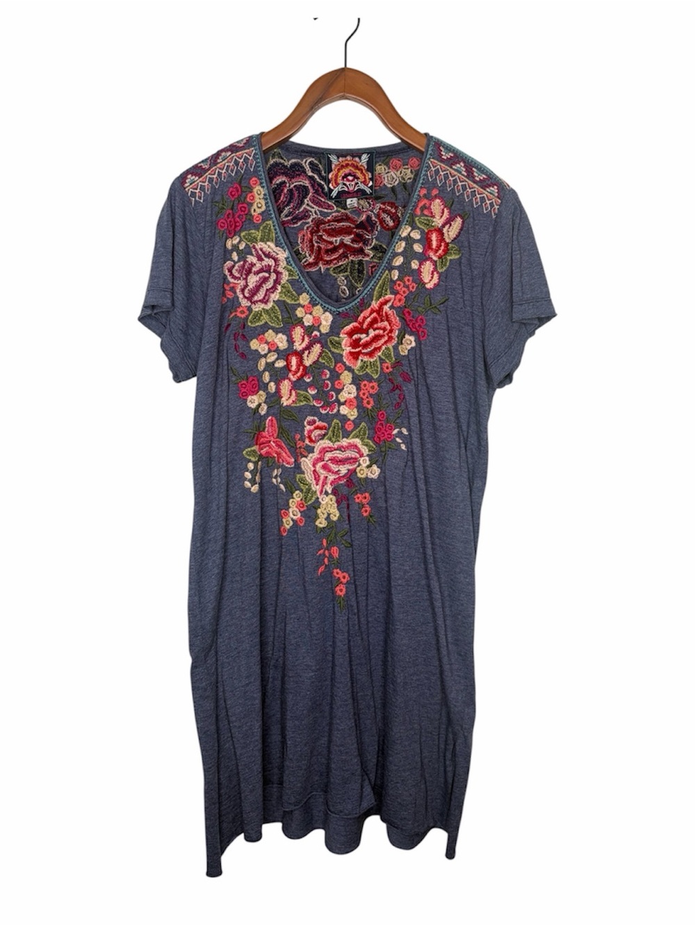 Johnny Was LA Dress Navy Blue Floral Boho Embroidered Peasant Medium.